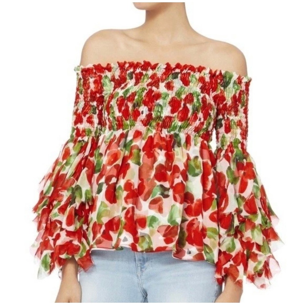 Caroline Constas Silk Floral Smocked Off Shoulder Ruffle Sleeve Top Red Green S